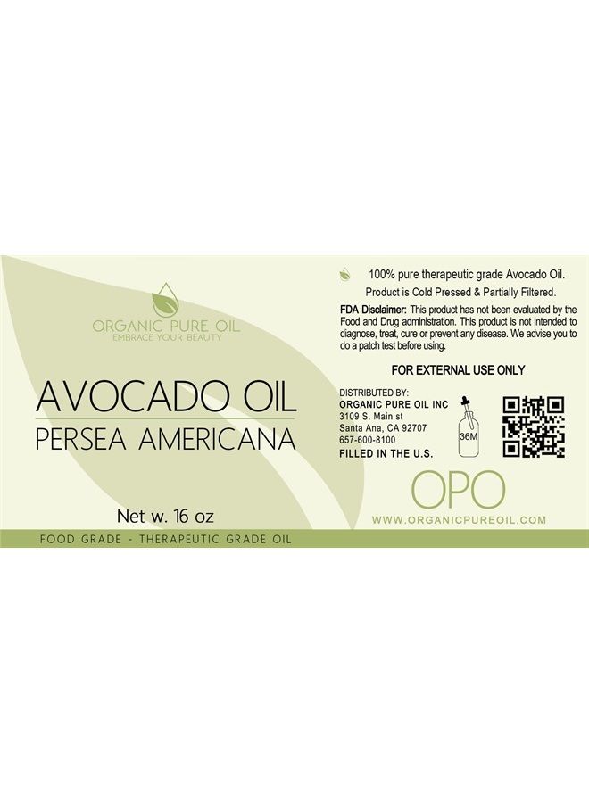 OPO Avocado Oil - 100% Pure, Unrefined, Partially Filtered, Non-GMO, Vegan, Bulk Carrier - 16 oz - for Skin, Hair, Nails, Body, Face, DIY, Deep Hydration, Nourishing, Moisturizing - Packaging May Vary