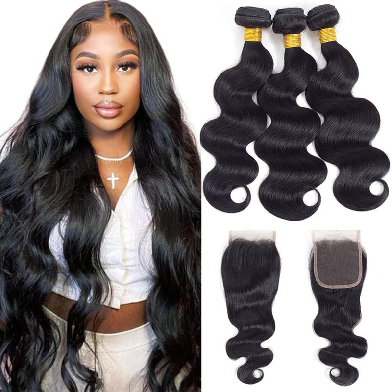 12A Body Wave Bundles with Closure Human Hair 20 22 2418 100 Unprocessed Brazilian Virgin Body Wave Human Hair Bundles with 4x4 Free Part Lace Closure Natural Color