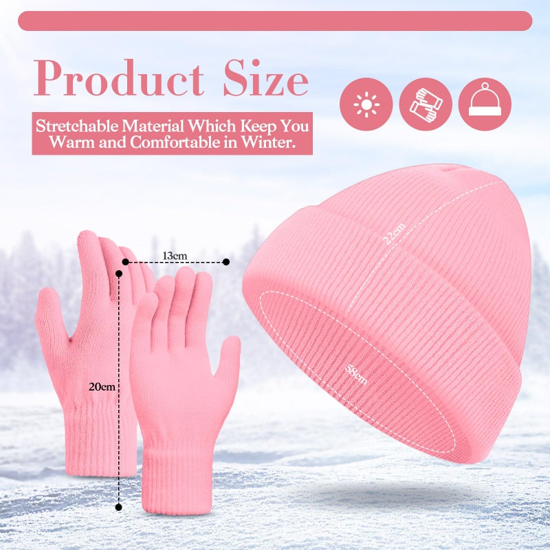 ShinyMatch Winter Beanie Hat Gloves Set, Soft Knitted Hat Stretchy Gloves Warm Skull Cap Set for Women Men Gifts(Pink) - Image 2