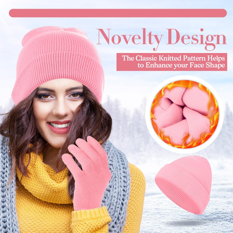ShinyMatch Winter Beanie Hat Gloves Set, Soft Knitted Hat Stretchy Gloves Warm Skull Cap Set for Women Men Gifts(Pink) - Image 3