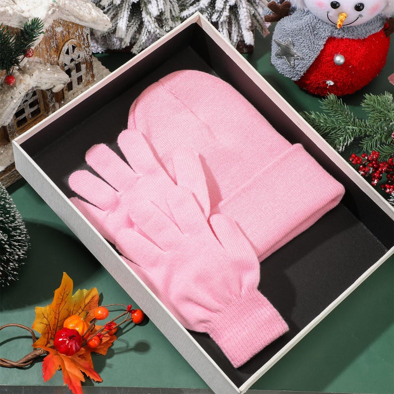 ShinyMatch Winter Beanie Hat Gloves Set, Soft Knitted Hat Stretchy Gloves Warm Skull Cap Set for Women Men Gifts(Pink) - Image 4
