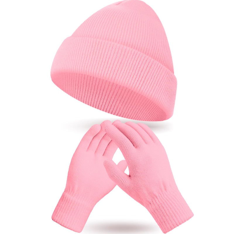 ShinyMatch Winter Beanie Hat Gloves Set, Soft Knitted Hat Stretchy Gloves Warm Skull Cap Set for Women Men Gifts(Pink) - Image 1