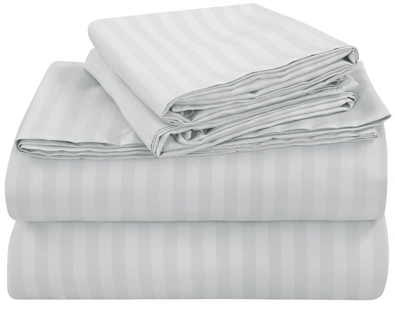 ROYALE LINENS Striped Bed Sheet Set - Brushed Microfiber 1800 Bedding - 1 Fitted Sheet  1 Flat Sheet  1 Pillowcase - Wrinkle Resistant - 3 Piece Damask Stripe Bed Sheet Set (Stripe Silver  Twin XL) - Image 1