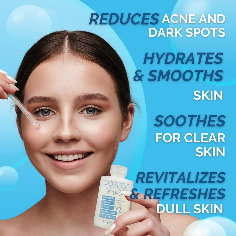 ERASE Spotless Serum Vitamin C Serum for Dark Spots with Niacinamide 5 Korean Skin Care Proactive Acne Treatment For Face Hyaluronic Acid Hydration Soothing Turmeric Centella Asiatica 1fl oz - Image 4