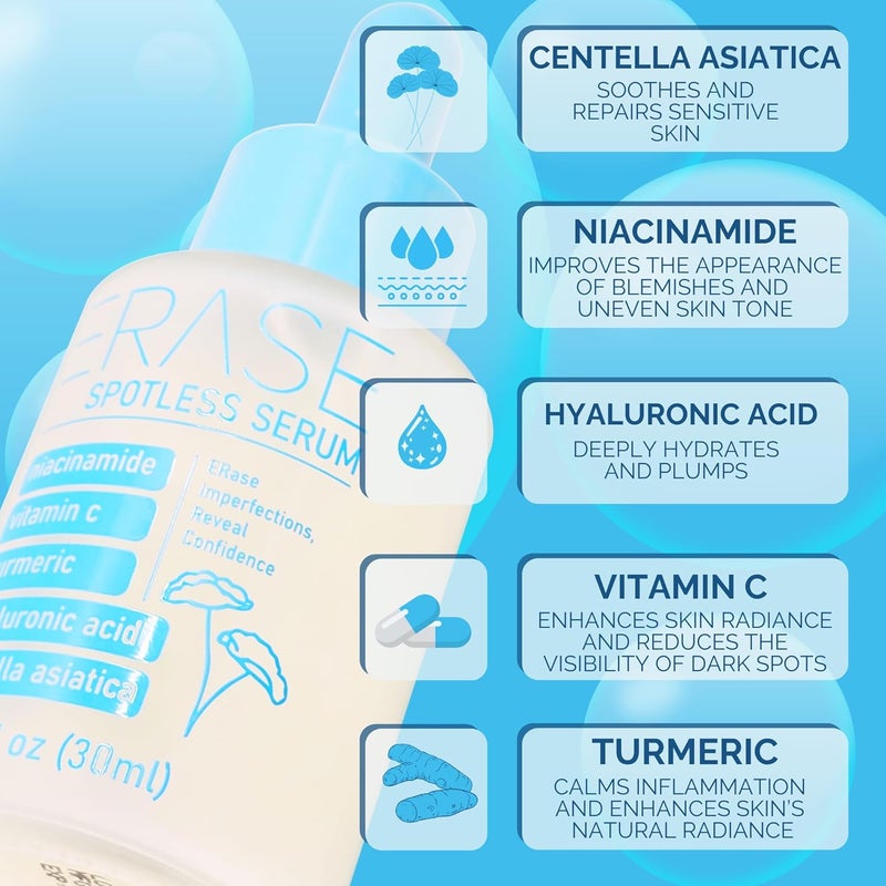 ERASE Spotless Serum Vitamin C Serum for Dark Spots with Niacinamide 5 Korean Skin Care Proactive Acne Treatment For Face Hyaluronic Acid Hydration Soothing Turmeric Centella Asiatica 1fl oz - Image 3
