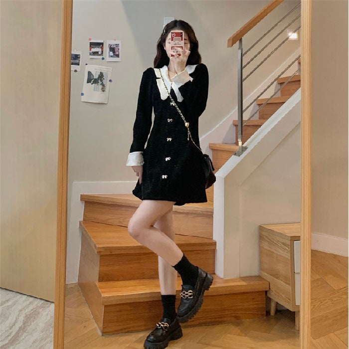 Early Spring 2024 Hepburn Doll Collar Slim Fashion Long Sleeve Sweet Red A-Line Dress Black * 320