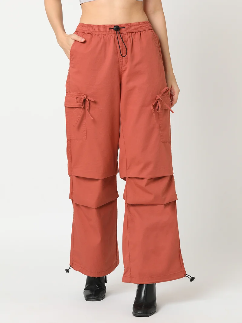 globus Globus Women Rust Coloured Relaxed Straight Leg Loose Fit Pure Cotton Cargo