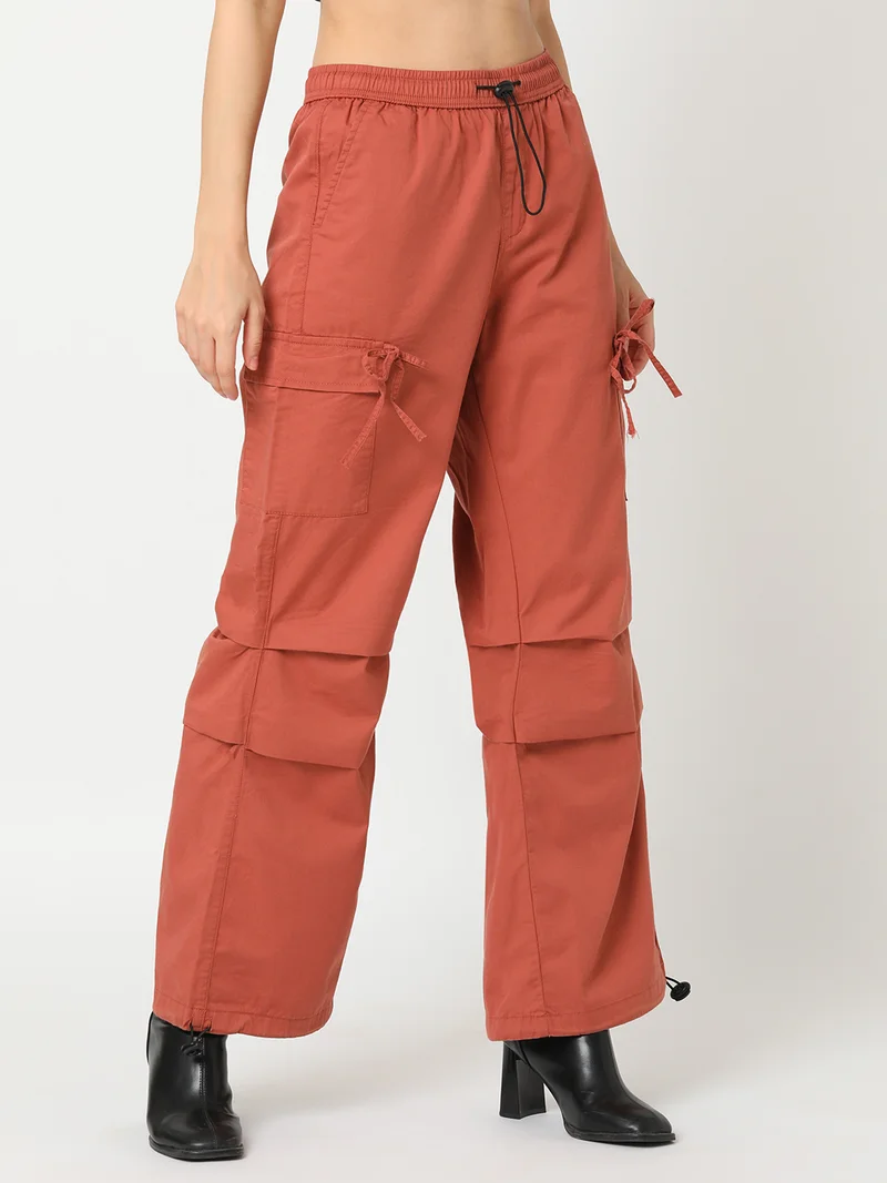 globus Globus Women Rust Coloured Relaxed Straight Leg Loose Fit Pure Cotton Cargo