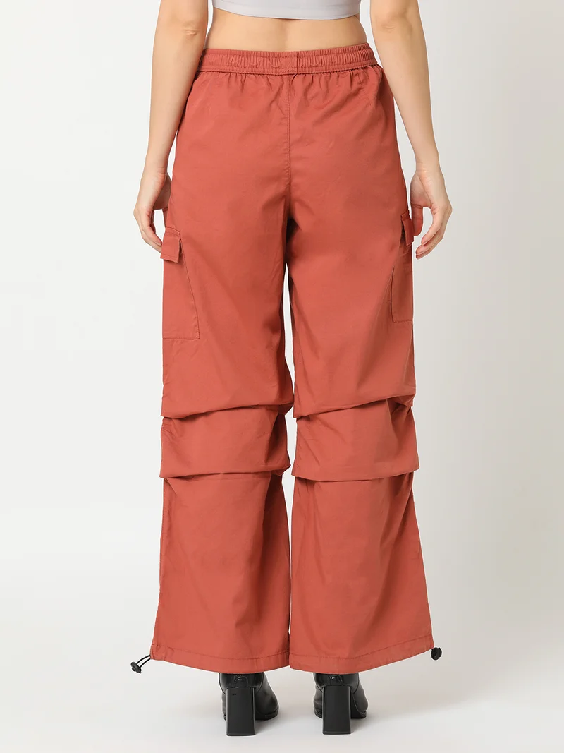 globus Women Rust Coloured Relaxed Straight Leg Loose Fit Pure Cotton Cargo