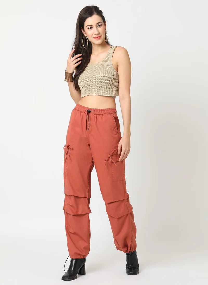 جلو باص بنطلون كارجو قطن نسائي جلوبس مستقيم فضفاض بلون الصدأ