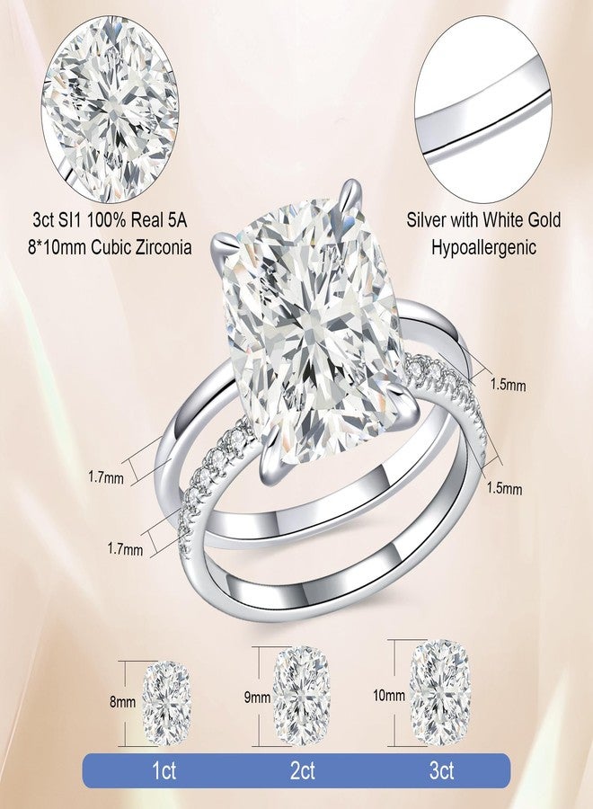 AVECON 3CT/5CT Elongated Cushion Cut Engagement Ring Set for Women, Wedding Promise Cubic Zirconia Band, White Gold Plated Stackable Adjustable Bridal Half Eternity Open Rings, Size 5-9, 8, White Gold - Image 3