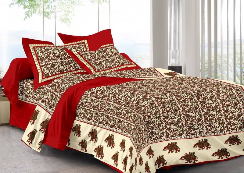 ART WORLD King Size Double Bed Sheet with Pillow Covers Pure Cotton Rajasthani Jaipuri Traditional Printed Bedcover (Red, King) - Image 1