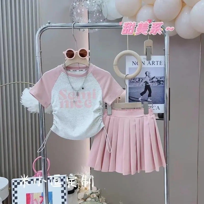 Childrens Clothing, Girls Fashion Suits, Summer Clothes, Medium and Large Kidsrens Short-Sleeved T-Shirt Tops, Pleated Skirts, Kidsrens Fashionable Two-Piece Sets for Women Pink suit