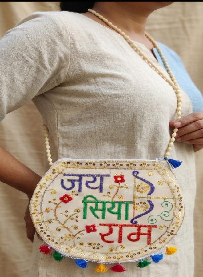 BANDHAL Embroidered Hand Bag with Colorful Tassels, Traditional Jai Siya Ram Design with Beadwork and Floral Motifs Ethnic Sling Bag for Women & Girls - Image 5