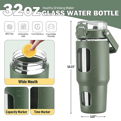 BLUEGO 32oz Glass Water Bottle with Handle and Straw|Leakproof Sports Glass Bottle with Time Marker and Silicone Sleeve|Glass Drinking Bottle for Travel, Gym, Workout, Olive - Image 3