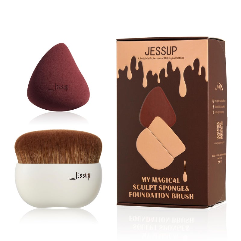 Jessup Makeup Brush Foundation Brush with Makeup Sponge 1pc Kabuki Brush for Liquid, Cream or Flawless Powder Cosmetic Face Boby Brush, T882 - Image 1