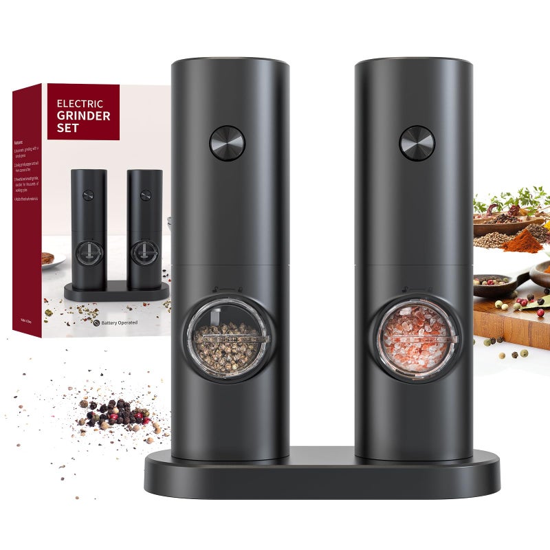 CIRCLE JOY Electric Salt and Pepper Grinder Set Battery Operated Pepper Mill Grinder with Base Adjustable Coarseness and Automatic Single Hand Operation