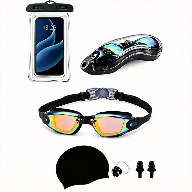 OYOGU Adult Swimming Gear Set 5-in-1 Electroplated Goggles Swim Cap Nose Clip Ear Plugs Waterproof Phone Pouch - Image 4
