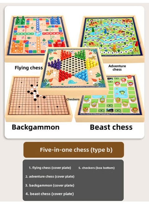 Children's Flying Chess Checkers Multi-functional One Chessboard Gobang Go Cards Colosseum Chess Combination Educational Toys-Color:Five In One B  30x30cm