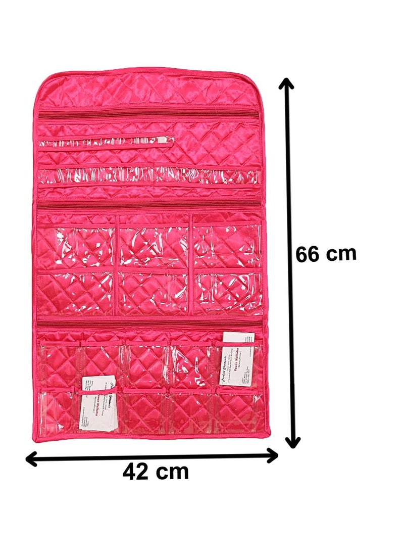 erorex - 18 Small Pockets  3 Large Zipper Pockets Hanging Jewellery Organizer Without Hanger Pink - Image 1
