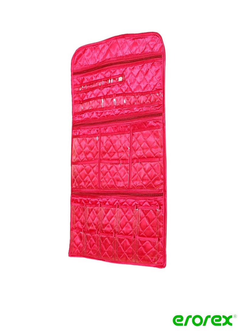 erorex - 18 Small Pockets  3 Large Zipper Pockets Hanging Jewellery Organizer Without Hanger Pink - Image 1