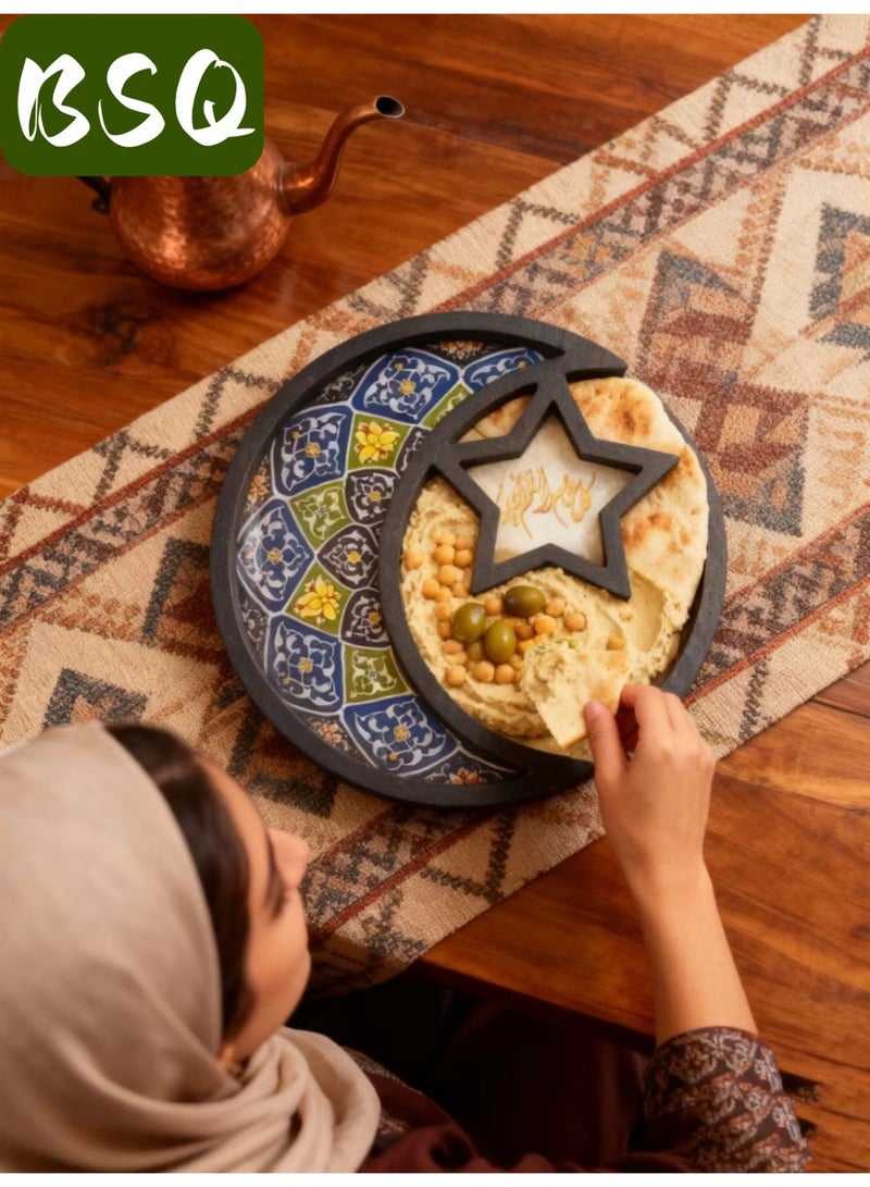بي إس كيو أطباق رمضانية أنيقة - نقش الهلال | ديكورات منزلية رمضانية، صواني رمضان، صواني الهلال، صواني العيد، صواني هلال رمضانية مميزة | مثالية لاحتفالات العيد، ووجبات الإفطار والعشاء، وعرض الحلويات | ديكور منزلي خشبي أزرق - Image 2