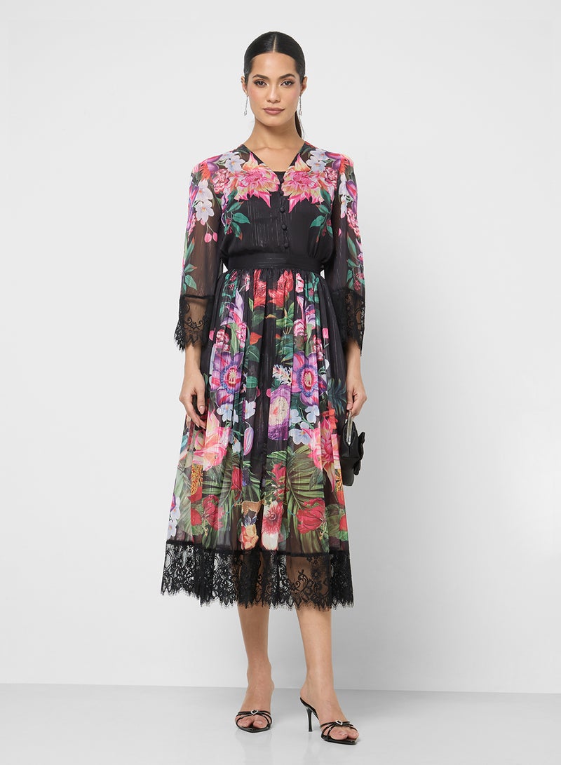 خزانة طقم بلوزة وتنورة بطبعة زهور - Image 1