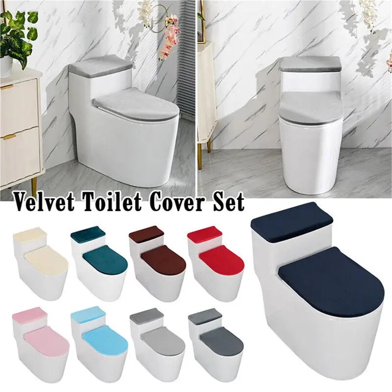 Velvet Stretch Toilet Seat Cover And Tank Set Soft Winter Pad Color B - Image 5