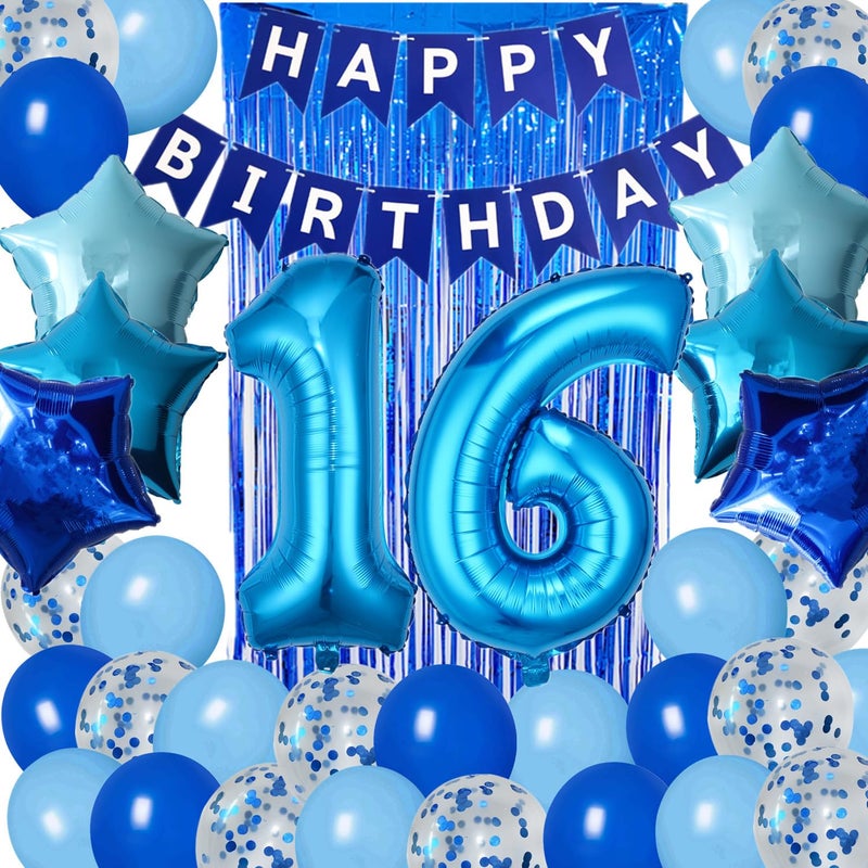 DUFACAI 16th Birthday Decorations for Boys Blue 16th Sixteen Happy Birthday Banner Supplies Number 16 Balloons Fringe Curtain 16 Years Old Bday Party Supplies Kit for Him Her Girls Blue - Image 3
