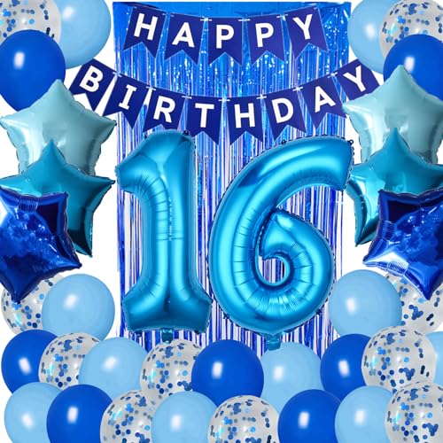 DUFACAI 16th Birthday Decorations for Boys Blue 16th Sixteen Happy Birthday Banner Supplies Number 16 Balloons Fringe Curtain 16 Years Old Bday Party Supplies Kit for Him Her Girls Blue - Image 1