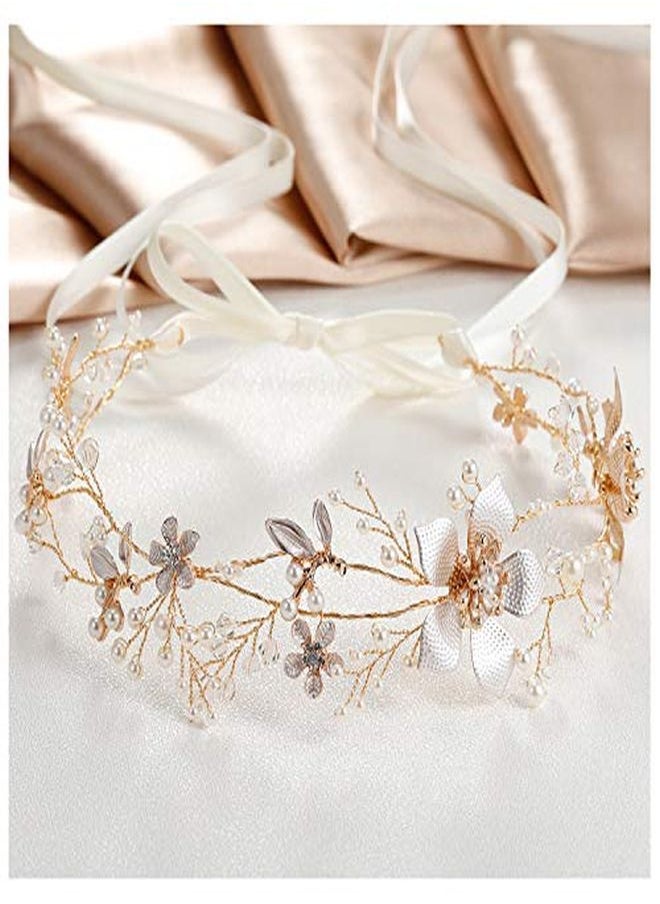 SWEETV Gold Wedding Headband, Pearl Flower Bridal Headpieces For Wedding, Crystal Hair Accessories For Women Girls Hair Vine  - Image 1