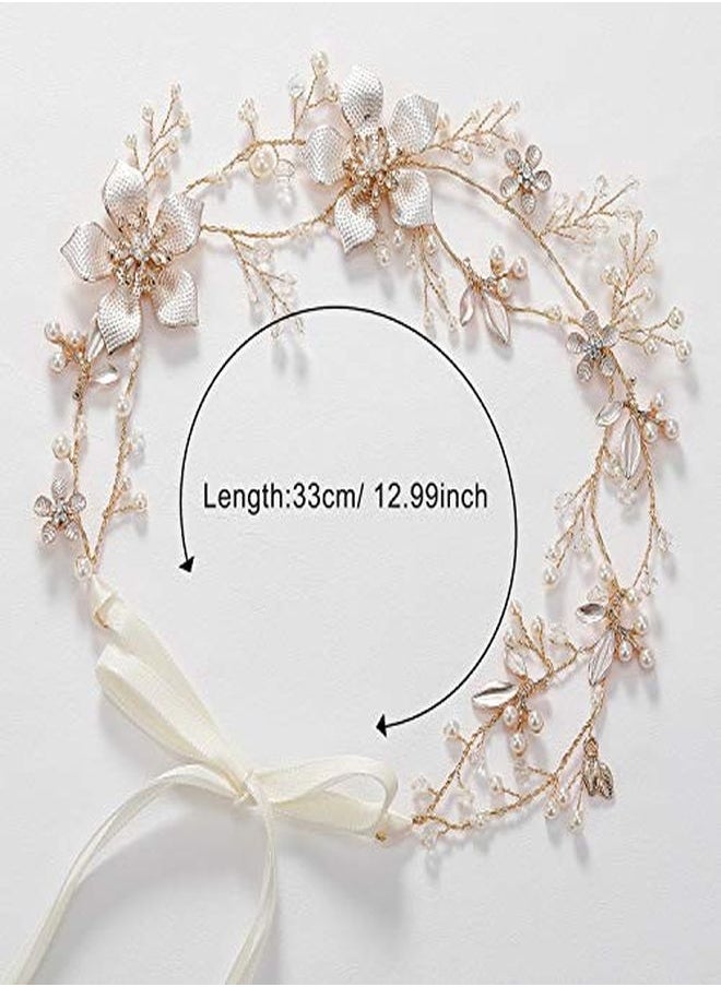 SWEETV Gold Wedding Headband, Pearl Flower Bridal Headpieces For Wedding, Crystal Hair Accessories For Women Girls Hair Vine  - Image 4