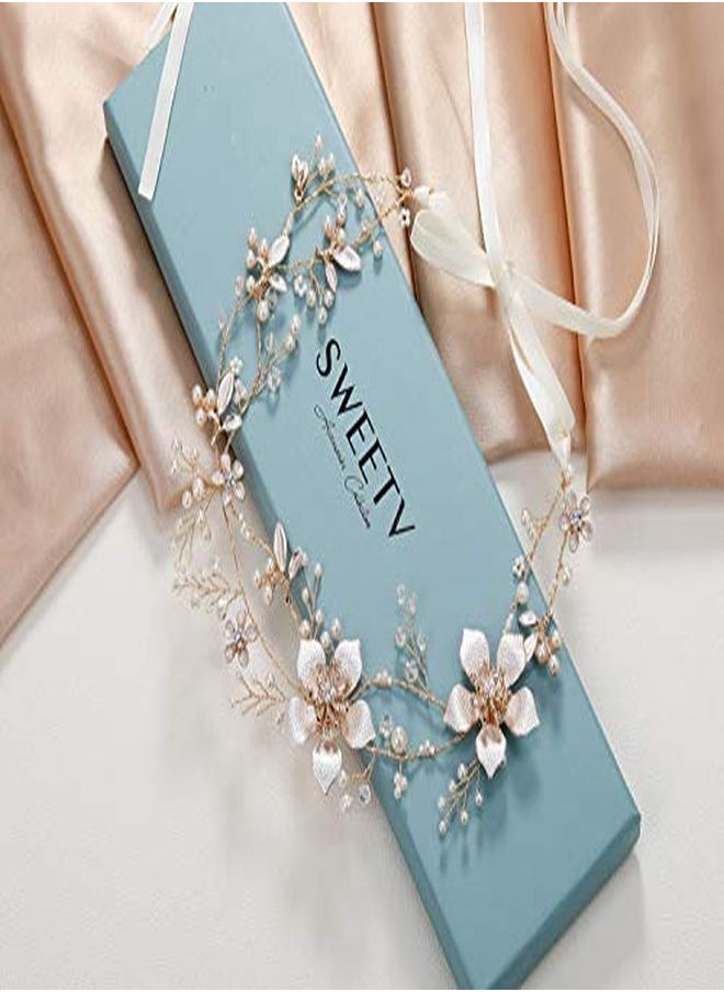 SWEETV Gold Wedding Headband, Pearl Flower Bridal Headpieces For Wedding, Crystal Hair Accessories For Women Girls Hair Vine  - Image 3