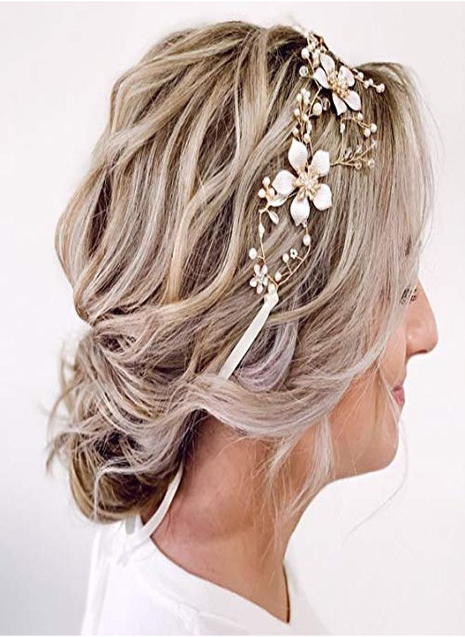 SWEETV Gold Wedding Headband, Pearl Flower Bridal Headpieces For Wedding, Crystal Hair Accessories For Women Girls Hair Vine  - Image 5