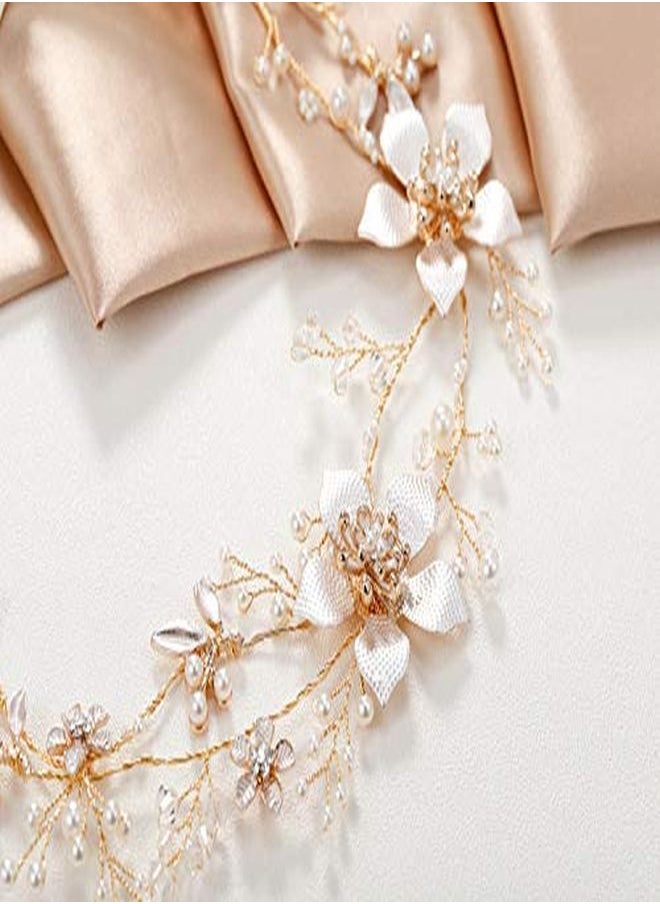 SWEETV Gold Wedding Headband, Pearl Flower Bridal Headpieces For Wedding, Crystal Hair Accessories For Women Girls Hair Vine  - Image 2