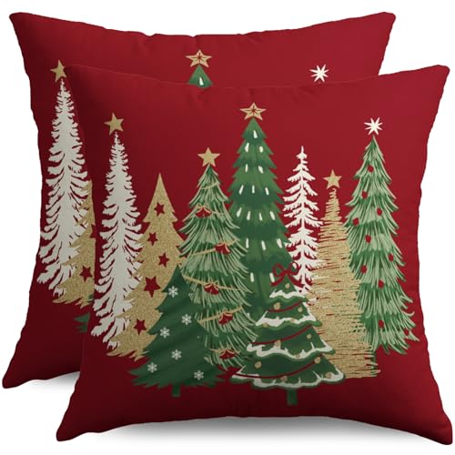 Sivirary Christmas Pillow Covers 18x18 Inch Set of 2 Xmas Tree Dark Red Winter Print Decorative Throw Pillowcases Outdoor Holiday Seasonal Farmhouse Cushion Cases Decor for Sofa Couch Bed - Image 1