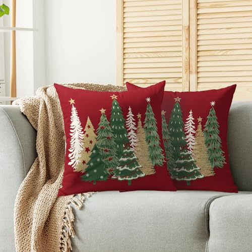 Sivirary Christmas Pillow Covers 18x18 Inch Set of 2 Xmas Tree Dark Red Winter Print Decorative Throw Pillowcases Outdoor Holiday Seasonal Farmhouse Cushion Cases Decor for Sofa Couch Bed - Image 3