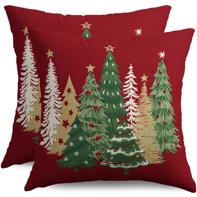 Sivirary Christmas Pillow Covers 18x18 Inch Set of 2 Xmas Tree Dark Red Winter Print Decorative Throw Pillowcases Outdoor Holiday Seasonal Farmhouse Cushion Cases Decor for Sofa Couch Bed - Image 2