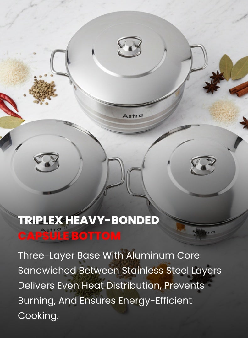 Astra 6‑Piece Premium Cookware Set | 18/10 Cr‑Ni Stainless Steel | Durable & Scratch‑Resistant | Induction, Gas & Electric Compatible | Dishwasher Safe - Image 3
