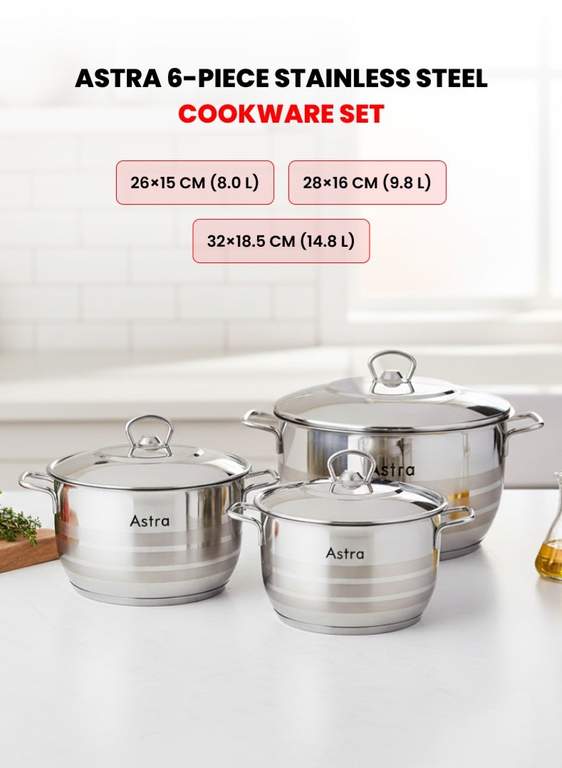 Astra 6‑Piece Premium Cookware Set | 18/10 Cr‑Ni Stainless Steel | Durable & Scratch‑Resistant | Induction, Gas & Electric Compatible | Dishwasher Safe - Image 1