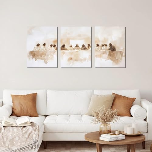 Hwetui Jesus Last Supper Wall Art Set of 3 Christian Wall Art Canvas Print Religious Painting Wall Decor Pictures Home Decor for Living Room Dining Room 16x24 inch Framed - Image 3