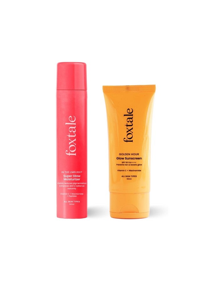 فوكستيل مجموعة Golden Glow Duo لتوهج يدوم طويلاً وعدم تسمير البشرة، مع مرطب Super Glow - 50 مل وواقي شمسي Glow - 50 مل، لجميع أنواع البشرة، للرجال والنساء - Image 1