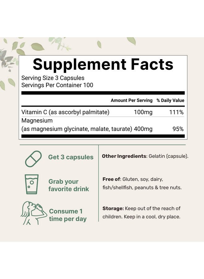 Micro Ingredients Pure Triple Magnesium Complex, 300 Capsules | 400mg of Magnesium Glycinate, Malate, Taurate with Vitamin C | Only Uses Active Ingredients | Filler Free Supplement | 100% Chelated - Image 2