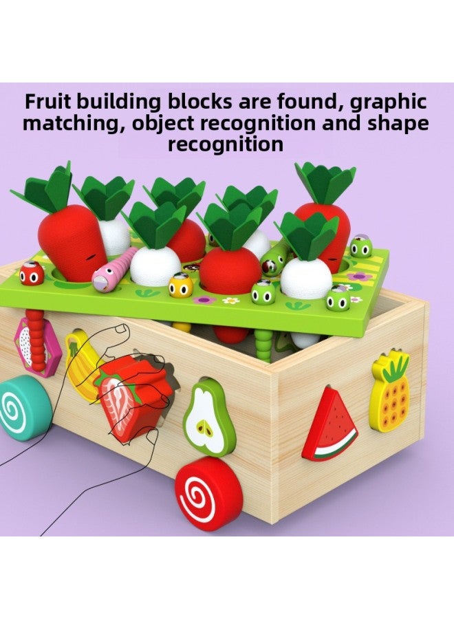 Wooden Multifunctional Children's Educational Fruit Animal Shape Building Blocks Pulling Radish Pair Farm Smart Car Toy-Color:Cow Pull Radish Intelligence Box Mwz - Image 5