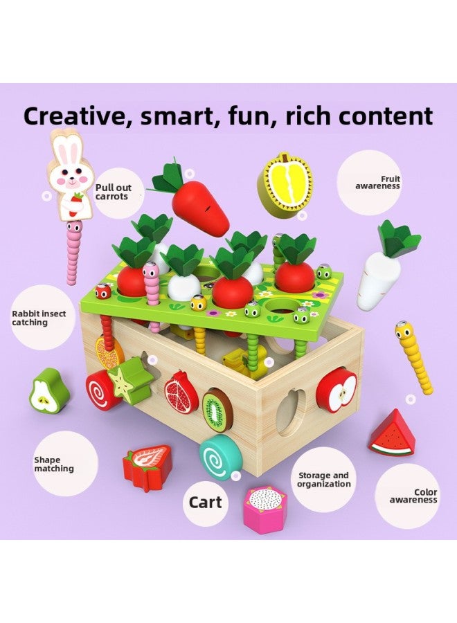 Wooden Multifunctional Children's Educational Fruit Animal Shape Building Blocks Pulling Radish Pair Farm Smart Car Toy-Color:Cow Pull Radish Intelligence Box Mwz - Image 3