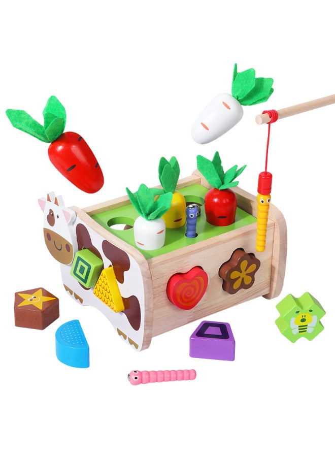 Wooden Multifunctional Children's Educational Fruit Animal Shape Building Blocks Pulling Radish Pair Farm Smart Car Toy-Color:Cow Pull Radish Intelligence Box Mwz - Image 1