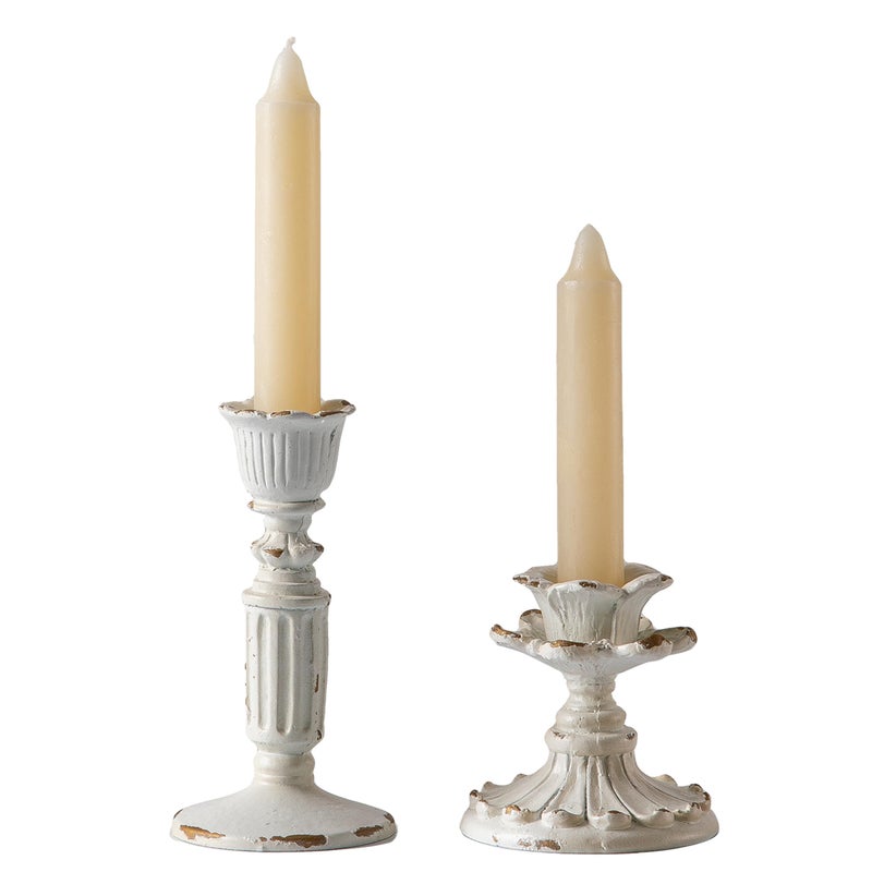 SOFE Resin Small Taper Candle Holders Set of 2 Candle Stick Holder Vintage Antique Rustic Candle Holder Distressed White Gold Candlestick Holder Birthday Home Party Table Decor Flower Design