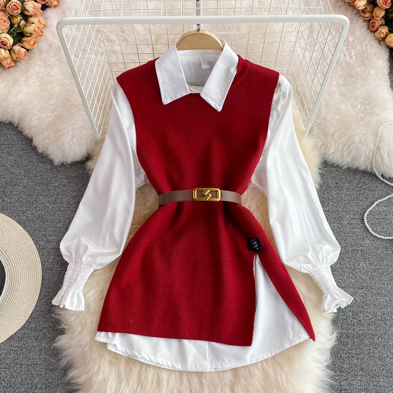 Spring Autumn Casual Knit Vest and Shirt Set for Women Wine red two-piece set