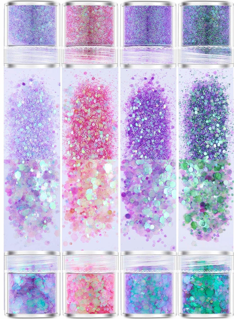 Excefore Glitter Powder, Hexagons Iridescent Sequins Art Decor Sparkles Flakes for Craft Tumbler, Body Face Hair Eye Cosmetic Festival Face Makeup 8 Pcs - Image 1