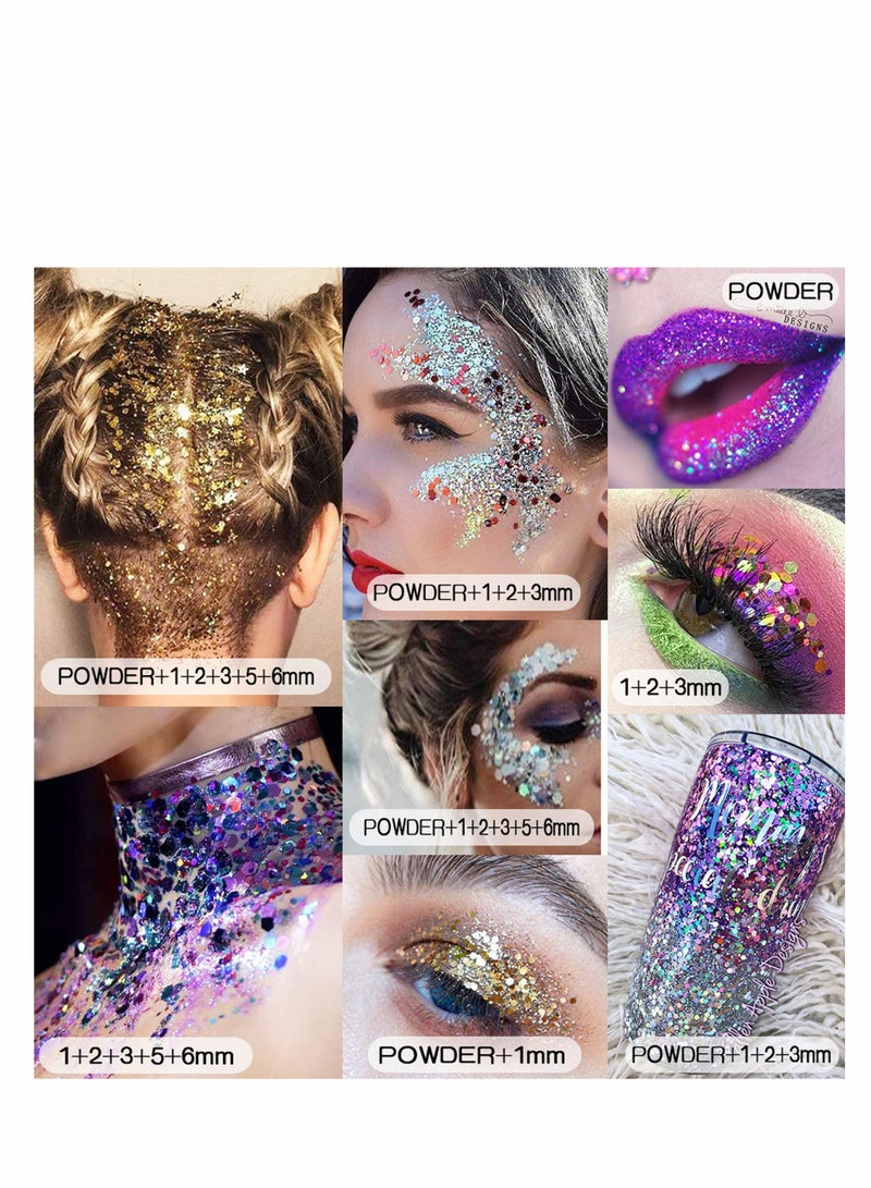 Excefore Glitter Powder, Hexagons Iridescent Sequins Art Decor Sparkles Flakes for Craft Tumbler, Body Face Hair Eye Cosmetic Festival Face Makeup 8 Pcs - Image 2